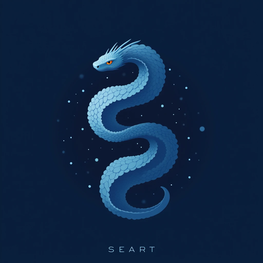 ((Minimalist and symbolic digital artwork)), two intertwined serpents forming a perfect circular shape, inspired by the yin-yang symbol, highly detailed scales, soft gradient shading, deep navy blue background, vibrant blue and white color scheme, ultra-sm...