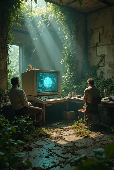 A retro MAC desktop computer abandoned in the woods, inside a 50s lab. The monitor shows a talking AI and 2 mathematicians are working on the computer.