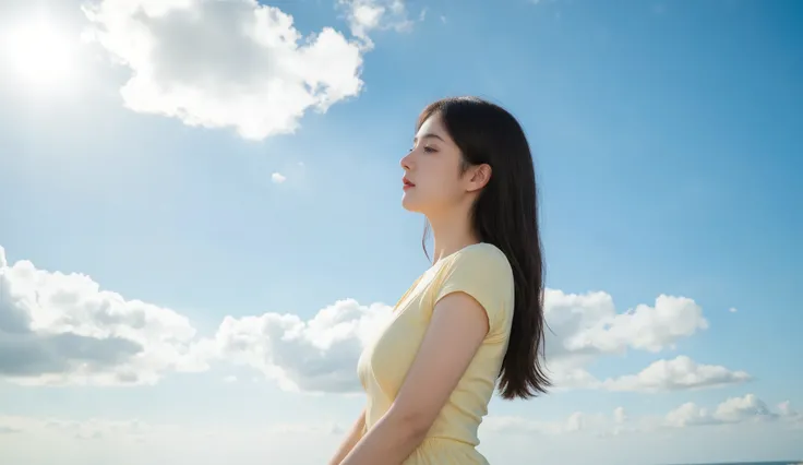 masterpiece, 8k, ultra-detailed, side view of a long-haired girl, wearing a pastel yellow short-sleeved dress, standing gracefully, looking at the distant sky, soft and flowing hair, gentle breeze, bright blue sky with scattered white clouds, warm and radi...