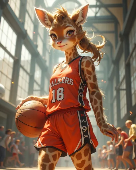 furry , (1 giraffe girl , petit tits  , ponytail , baggy basketball uniform , dribble) , (areola:0.8)