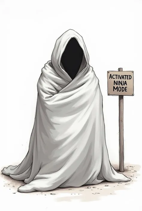 Sketch

I wanted to make an image of a person wrapped in a blanket like a burrito,  looking like he's rethinking his existence ,  while next to it there is a sign that says  "Activated Ninja Mode ". 
Mostly write it to me in Spanish if not it doesn't wor...