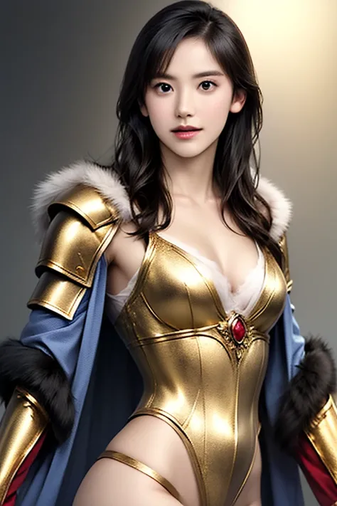 ((The upper body of a female warrior wearing gold and red light steel armor and a fur cloak:1.5)),1 person,    black hair,   Belly Shortcut    ,Big breasts and cleavage,   High Definition Face and Skin Texture   ,   staring at the camera,    Chinese Warrio...