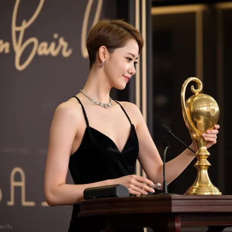    full body shot of a beautiful Korean girl  , A clean , Precise,  inspired by men  " super short buzzcut " and with a  "high &  tight-fitting undercut " and a side cut for a woman,  black latex evening dress , Earrings,  Give a speech on the podium in a ...