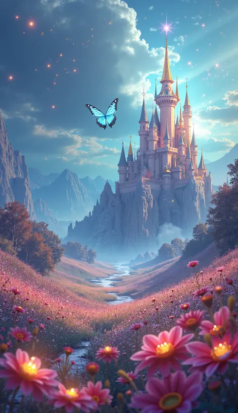 Magical dreamland, Magic Castle,  fantasy、A sparkling light dances、Light-filled、 beautiful、Butterfly flies、 Crystals、Colorful flower field、Mysterious