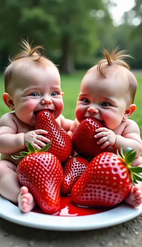 Two very fat babies are eating strawberries that are bigger than their bodies、It's on the plate、 on the plate 、My face is full of juice 、すごく太っているけど cute、顔は real 、Baby about  、 cute、smile、Like a photo、 BRIGHT、 real 、 clothes on、Photo style、 real 、outside