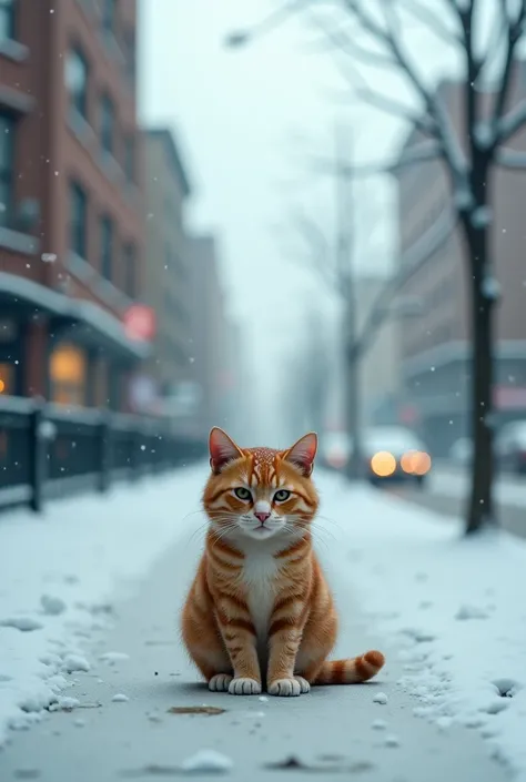 Sad cat in the snow on the street