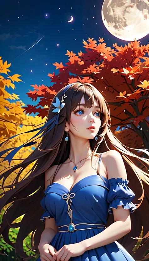 (   top quality 、  HD 、  Details、8k)、( Depict a beautiful face in every detail  )、  very elaborate face  、  age beauty  、  Perfect Body Style  、 Embrace the girl、 A fantastic world woven by the moon and a girl 、  Hidden within a girl、   long hair that flut...