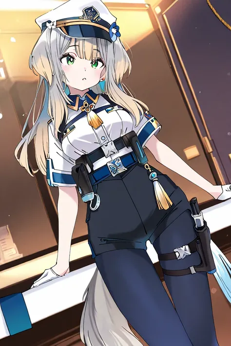 niji-ruri,medium breasts,green eyes,multicolored eyes,gray hair,blonde hair,multicolored hair,gradient hair,dog tail,gray tail,long hair,sidelocks,black hairband,
niji-ruricos1,white shirt,short sleeves,blue neck tassel,harness,blue belt,holster,bottom bel...