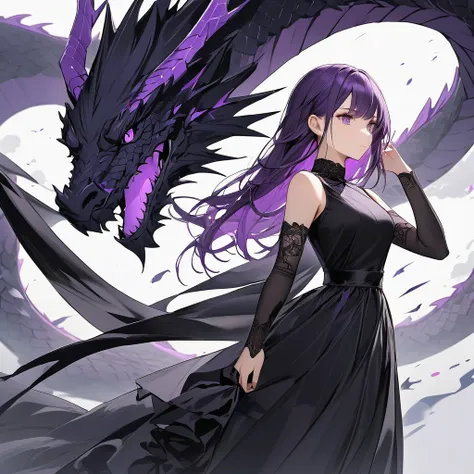 Purple haired girl in black dress with black dragon