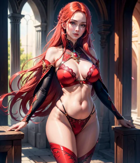 ( best quality,4K,8k, highres, masterpiece:1.2), ultra-detailed , (realistic,photorealistic,photo-realistic:1.37), madura milf, illyasviel von einzbern, red hair, standing up, vibrant colors, shiny skin, mesmerizing eyes , elegant pose, enchanting scenery ...