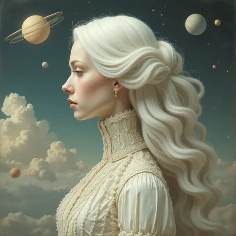 A profile picture in the atmosphere of the Victorian era related to space, fantasy, clouds and planets. It is dominated by white, gray and beige. It has long white hair and its features are ish and do not show well