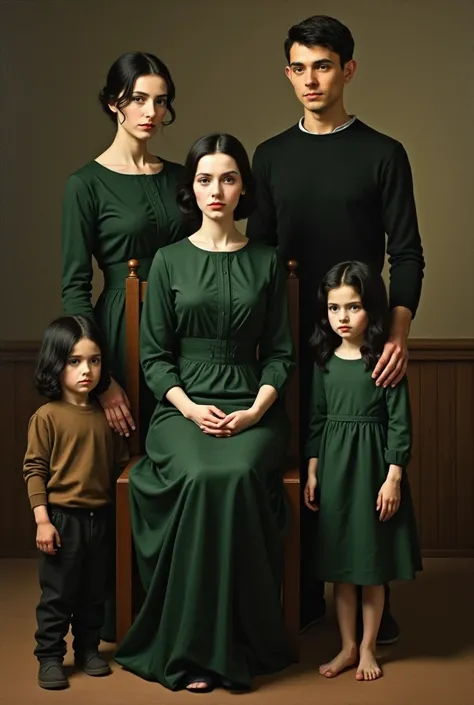  A painting of a family .  Mother and daughter sitting on chairs .  The mother looks first and proud , dark green dress ,  pale skin black hair and gray eyes .  The daughter also wears a green dress .  She also has black hair and pale skin ,  she looks to ...