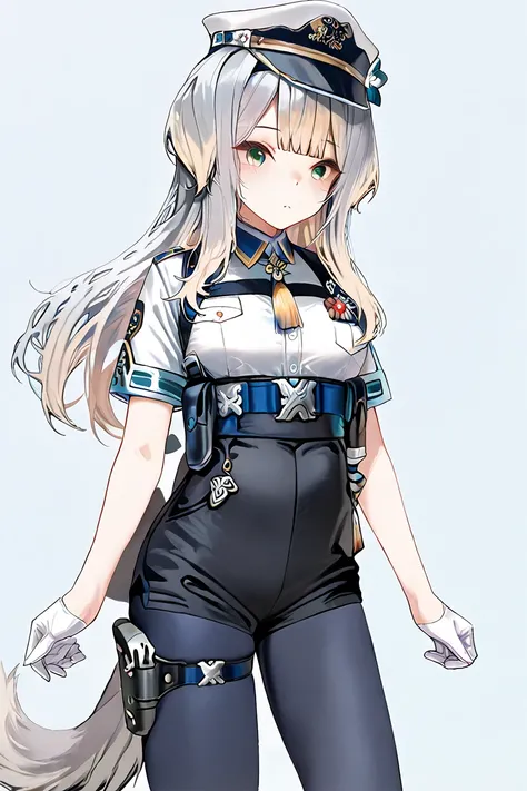 niji-ruri,medium breasts,green eyes,multicolored eyes,gray hair,blonde hair,multicolored hair,gradient hair,dog tail,gray tail,long hair,sidelocks,black hairband,
niji-ruricos1,white shirt,short sleeves,blue neck tassel,harness,blue belt,holster,bottom bel...