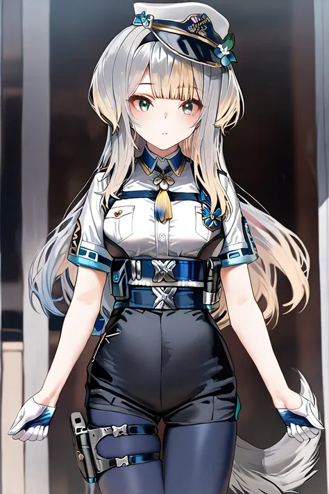 niji-ruri,medium breasts,green eyes,multicolored eyes,gray hair,blonde hair,multicolored hair,gradient hair,dog tail,gray tail,long hair,sidelocks,black hairband,
niji-ruricos1,white shirt,short sleeves,blue neck tassel,harness,blue belt,holster,bottom bel...