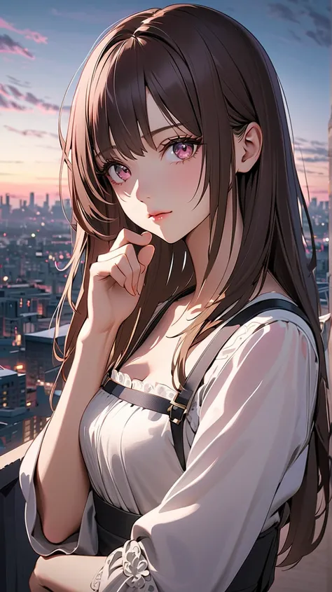 A young anime girl, positioned slightly off-center to the left of the image, is depicted.  She appears to be of East Asian descent, with long, dark brown hair and rosy-pink skin.  Her eyes are a striking reddish-brown, and her expression is thoughtful or c...