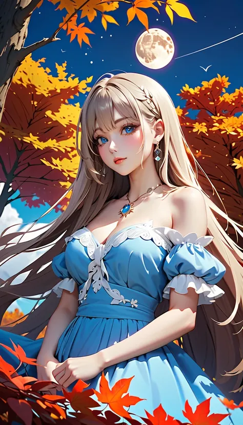 (   top quality 、  HD 、  Details、8k)、( Depict a beautiful face in every detail  )、  very elaborate face  、  age beauty  、  Perfect Body Style  、 Embrace the girl、 A fantastic world woven by the moon and a girl 、  Hidden within a girl、   long hair that flut...