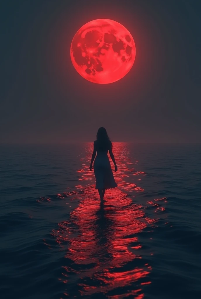 the full red moon with a glow effect in the ocean with a woman walking into the ocean 