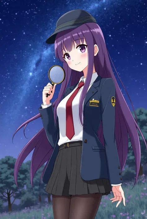 anime、smile、 purple hair straight long hair、 beautiful girl、Big Breasts、 white skin、 natural makeup、Detective uniform、hat、Hold the magnifier 、I'm investigating the incident

Location → Detective Agency

Outside view → starry sky、Night Sky、Milky Way Galaxy、...