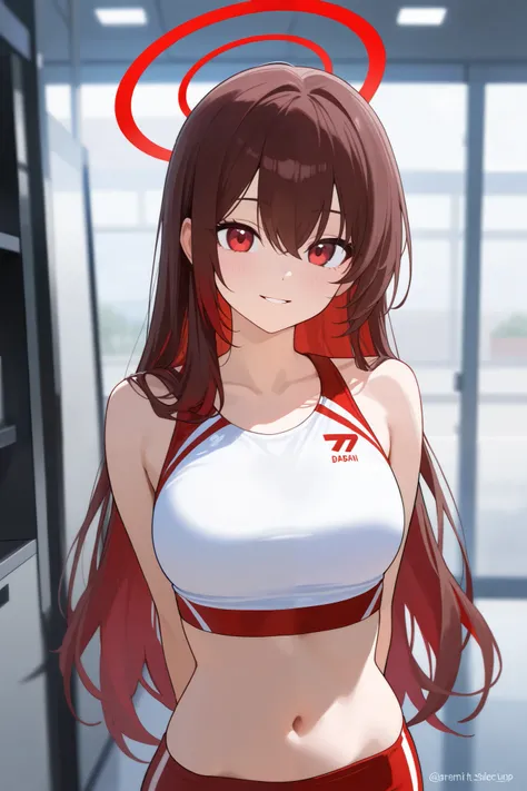 1 girl, Hair length reaches the back, Brown hair and red hair on the edges of the hair, red eyes, but not bright, wear a sexy sport outfit, หน้าอกไซส์ปานกลาง, have a red halo