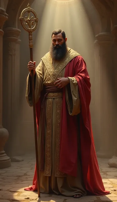 A hyper-realistic digital painting of a devoted Israelite priest dressed in ceremonial robes and holding a staff adorned with ancient symbols. He stands in a sacred, softly lit setting that emphasizes his spiritual gravitas in an epic, cinematic style."