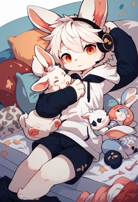 Baby rabbit，  resting ， Toddler，White hair，  White Skin ，Hoodie， shorts，earphone，