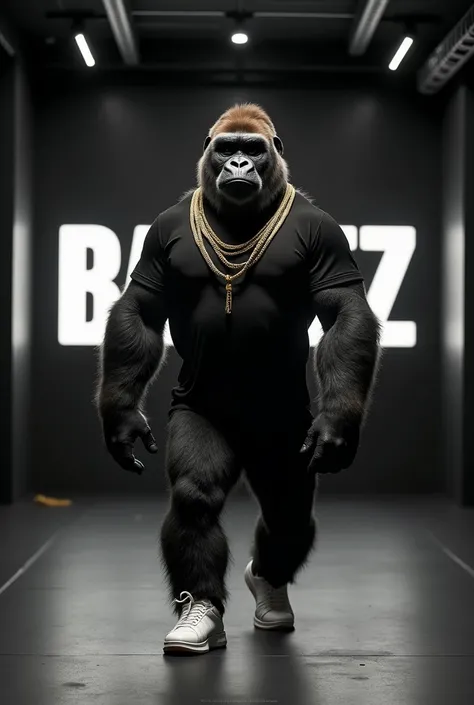  a gorilla with human muscle body, sport outfit, black t-shirt with golden details, white sneakers, walking upright, confident in a black modern gym, with huge'BARZZ' white text on the back wall.. small linear celing lights, black walls, wearing black top,...