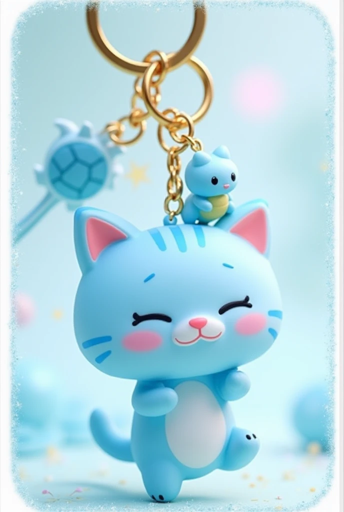 To create the first part with a cute cat design in the same position, use the following prompt:

"A charming keychain set featuring an adorable blue cat with a cheerful expression, tiny pink blush on its cheeks, and perky ears. The cat dangles from a golde...