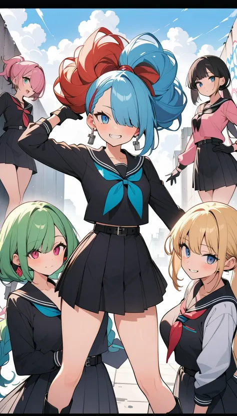 (Four beautiful girls : 1.3), girls ,( black sailor suit on the background, Long Sleeve, skirt,headband, earrings,belt,finger piercing gloves ,Lock, boots), blonde, black hair, Hair, Silver Hair, red hair ,Blue Hair,Green Hair,Pink hair,Purple Hair, ponyta...