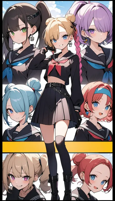 (Four beautiful girls : 1.3), girls ,( black sailor suit on the background, Long Sleeve, skirt,headband, earrings,belt,finger piercing gloves ,Lock, boots), blonde, black hair, Hair, Silver Hair, red hair ,Blue Hair,Green Hair,Pink hair,Purple Hair, ponyta...