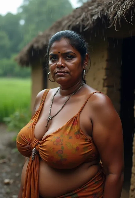 Photo of  Voluptuous Indian Mature Aunty with dusky skin, Wearing low cut Sari blouse showing large U Cut Cleavage, Standing outside a Mud hut. Wet in rain, Hair tied behind, Indian farm.