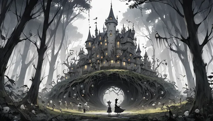 god、  Tim Burton's World、   top quality  ,  Masterpiece,    high detail,    looks like a scene from a movie、 in the woods、