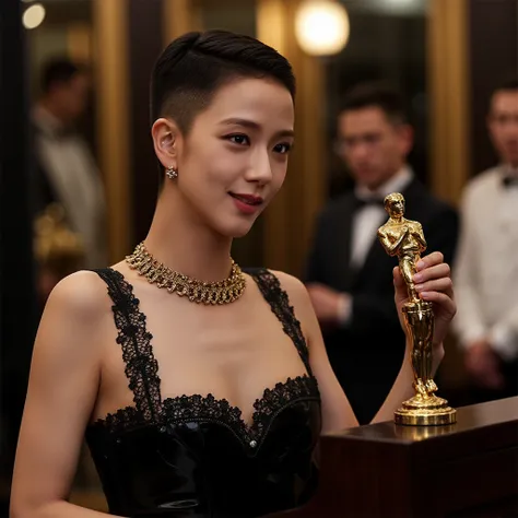  full body shot of a beautiful Korean girl , a clean precise men inspired "super short skin buzzcut" and with a "high & tight skin undercut" and a side shave for a woman, black latex evening dress, Earrings, Give a speech on the podium at a barbershop, orn...