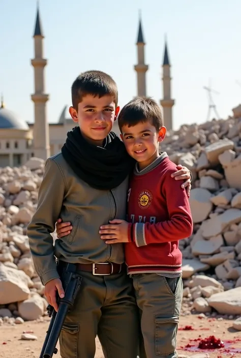 Two boys, one older and one younger, Turn around.  in front of a pile of rubble in Palestine. The older boy has a black scarf on his shoulder and is holding the younger boy. A few mosque minarets are visible in the rubble. Blood is splattered all around. A...