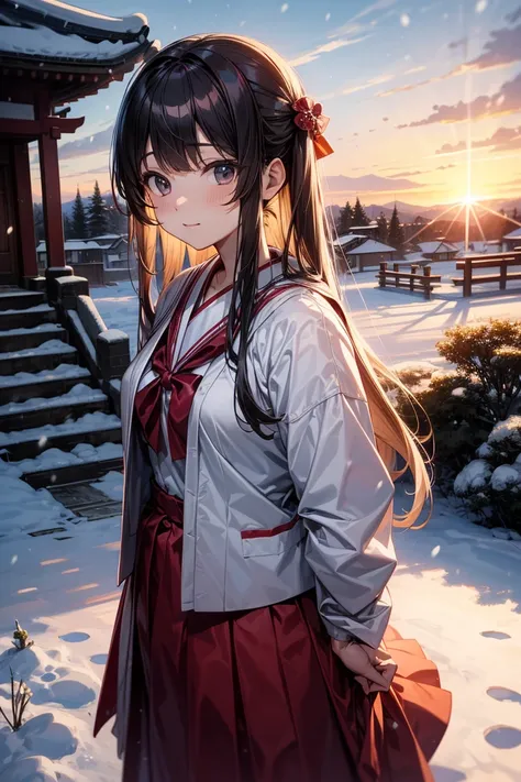  perfect quality　((Exact shape:1.7))　Shrine maiden costume　首元のExact shapeの服　 long hair　 Shrine grounds　 Snow Scenery 　 sunrise