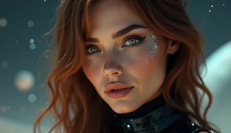 A tight close-up portrait of a futuristic space diva with glossy, chestnut hair falling gracefully over one shoulder. Her intense gaze and relaxed smile are enriched by subtle high-tech facial enhancements. Shimmering star fields and faint planetary rings ...