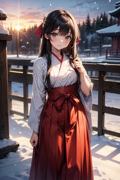  perfect quality　((Exact shape:1.7))　Shrine maiden costume　Scarlet hakama　首元のExact shapeの服　 long hair　 Shrine grounds　 Snow Scenery 　 sunrise