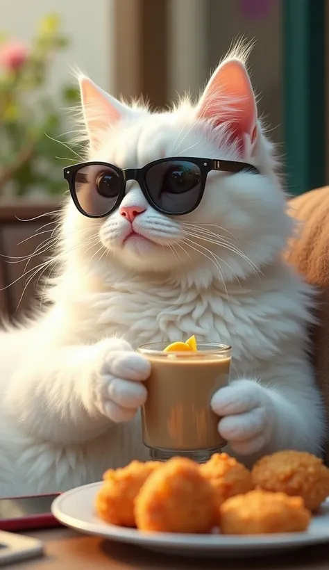 Furry white cat with black glasses phone wearing sunglasses holding cup of drink enjoying with fried food