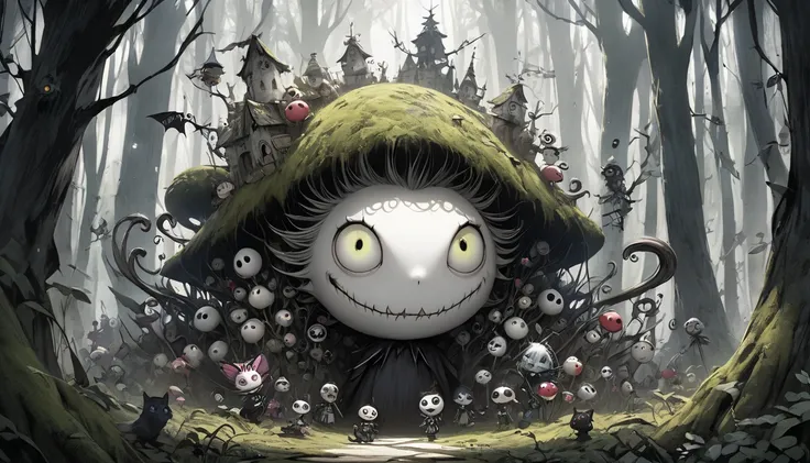 god、  Tim Burton's World、   top quality  ,  Masterpiece,    high detail,    looks like a scene from a movie、 in the woods、