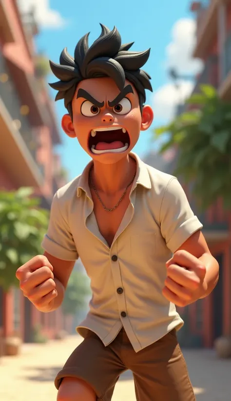 Toba a man, 25 years old, black hair, simple clothes white shirt brown shorts was furious and unconsciously uttered forbidden words:

“You fish boy!”
Style: whimsical 3D Pixar style