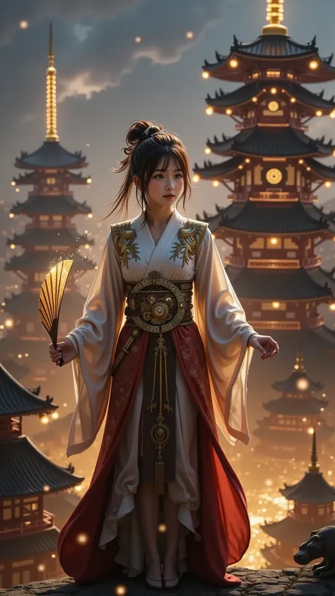 prompt: |
  A young female warrior standing atop a towering pagoda in a steampunk-infused Edo-period city. She wears a traditional kimono interwoven with intricate clockwork mechanisms, brass gears, and steam-powered enhancements. Her outfit glows subtly w...