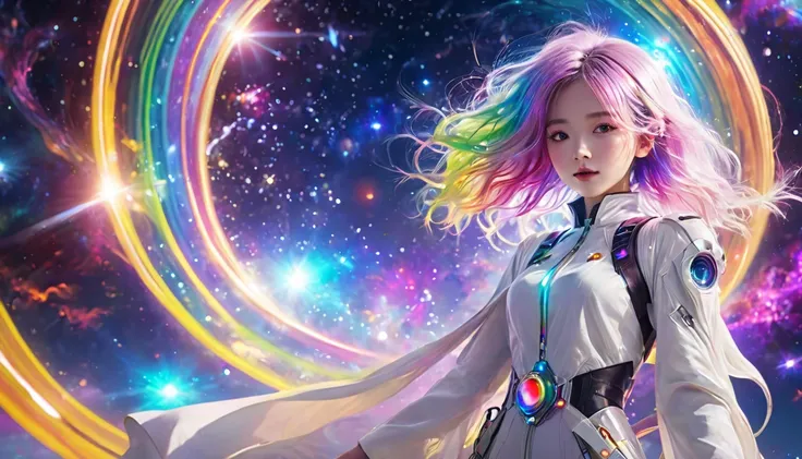   floating in space 、((whole body))、,  top quality,  highly detailed CG synthesis 8K wallpaper, Cinema Lighting,  lens flare,  pay attention to details, White clothes,   multicolored hair , Rich and colorful light,  particle, 、 girl、Laugh without fear 、  r...