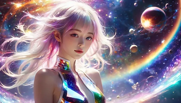   floating in space 、((whole body))、,  top quality,  highly detailed CG synthesis 8K wallpaper, Cinema Lighting,  lens flare,  pay attention to details, White clothes,   multicolored hair , Rich and colorful light,  particle, 、 girl、Laugh without fear 、  r...