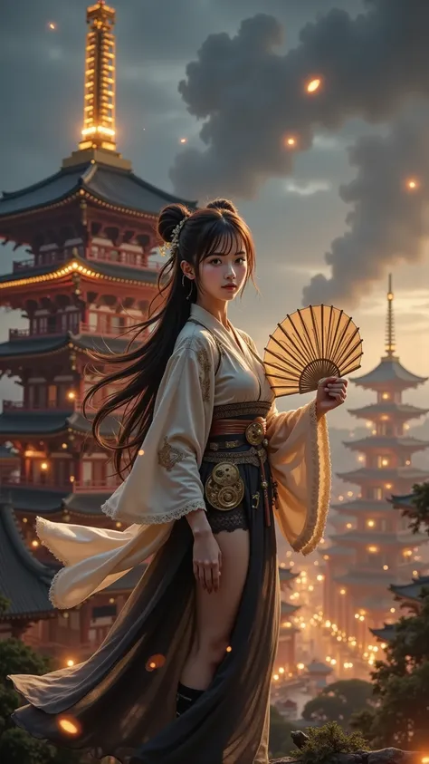 prompt: |
  A young female warrior standing atop a towering pagoda in a steampunk-infused Edo-period city. She wears a traditional kimono interwoven with intricate clockwork mechanisms, brass gears, and steam-powered enhancements. Her outfit glows subtly w...