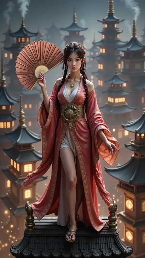 prompt: |
  A young female warrior standing atop a towering pagoda in a steampunk-infused Edo-period city. She wears a traditional kimono interwoven with intricate clockwork mechanisms, brass gears, and steam-powered enhancements. Her outfit glows subtly w...