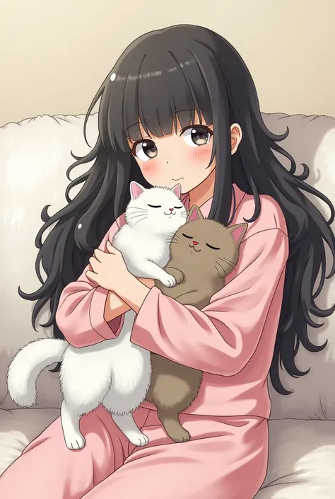 Draw an animation with thick, bushy hair down to the middle of her chest, and a black-haired girl with bangs wearing pajamas, holding a long Turkish Angora white cat and a Korean shorthair brown cat with a mackerel pattern together and resting on a fluffy ...