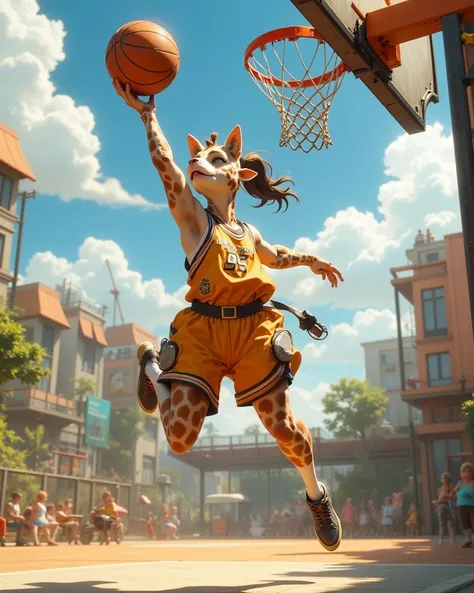 furry , (1 giraffe girl , petit tits , ponytail , baggy basketball uniform , dunk shoot) , areola