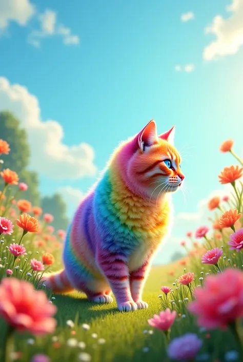 "A cat with a colorful rainbow fur coat, walking through a field of flowers under a clear sky."