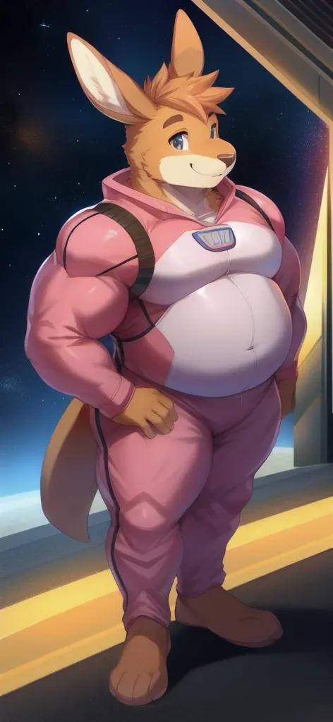   Alone,  Tall male   , big body, Standing, road, Kangaroo ,   pink military space suit ,  Overweight,   muscle  ,  smile happy   ,By Chuni  