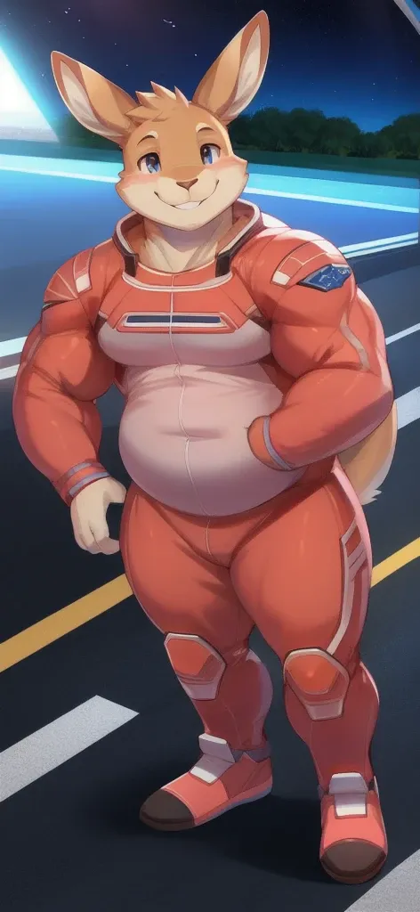   Alone,  Tall male   , big body, Standing, road, Kangaroo ,   pink military space suit ,  Overweight,   muscle  ,  smile happy   ,By Chuni  