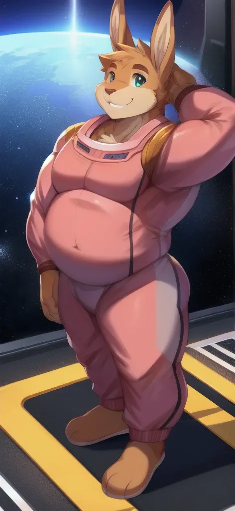   Alone,  Tall male   , big body, Standing, road, Kangaroo ,   pink military space suit ,  Overweight,   muscle  ,  smile happy   ,By Chuni  